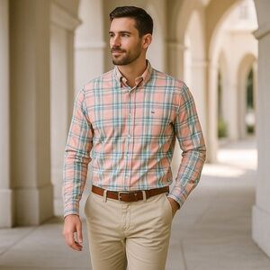 Southern Tide Medium Performance Stretch Collared Shirt Peach Green Plaid